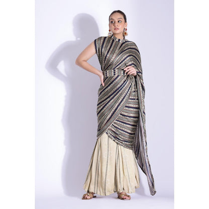 Studio Surbhi Printed Mandarin Neck Top with Palazzo and Belt (Set of 3)