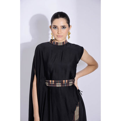 Studio Surbhi Black Georgette Satin Embellished Kurta with Pant and Belt (Set of 3)