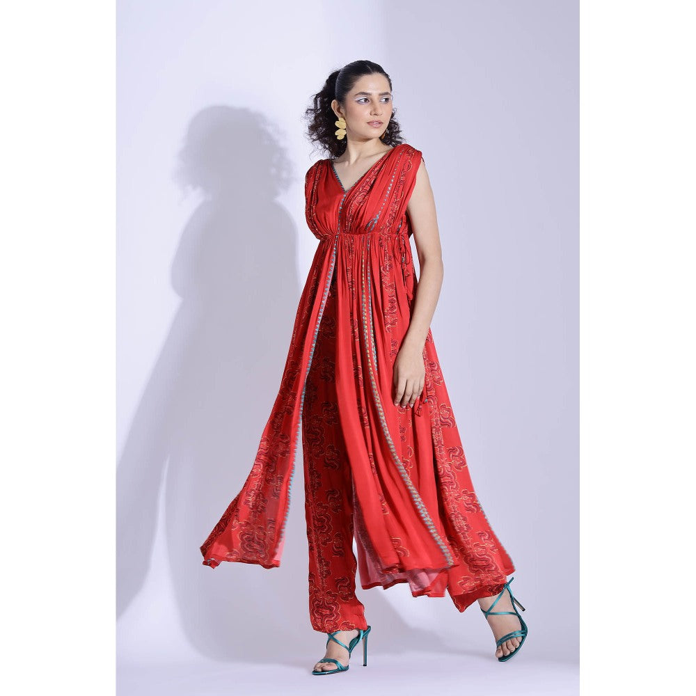 Studio Surbhi Red Georgette Satin Embellished Kurta with Pant and Blouse (Set of 3)