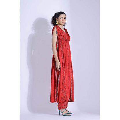 Studio Surbhi Red Georgette Satin Embellished Kurta with Pant and Blouse (Set of 3)