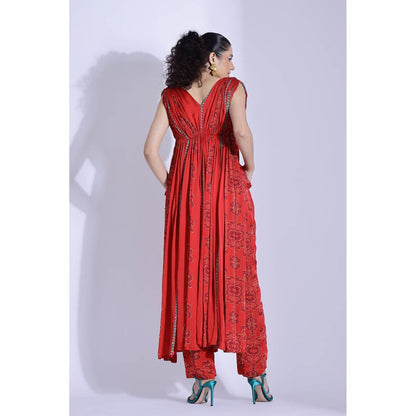Studio Surbhi Red Georgette Satin Embellished Kurta with Pant and Blouse (Set of 3)