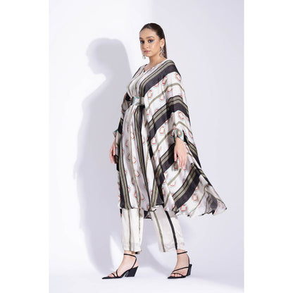 Studio Surbhi Multicolor Georgette Satin Embellished Kaftan with Pant and Belt (Set of 3)