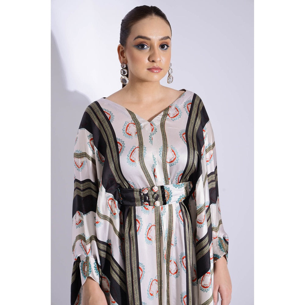 Studio Surbhi Multicolor Georgette Satin Embellished Kaftan with Pant and Belt (Set of 3)