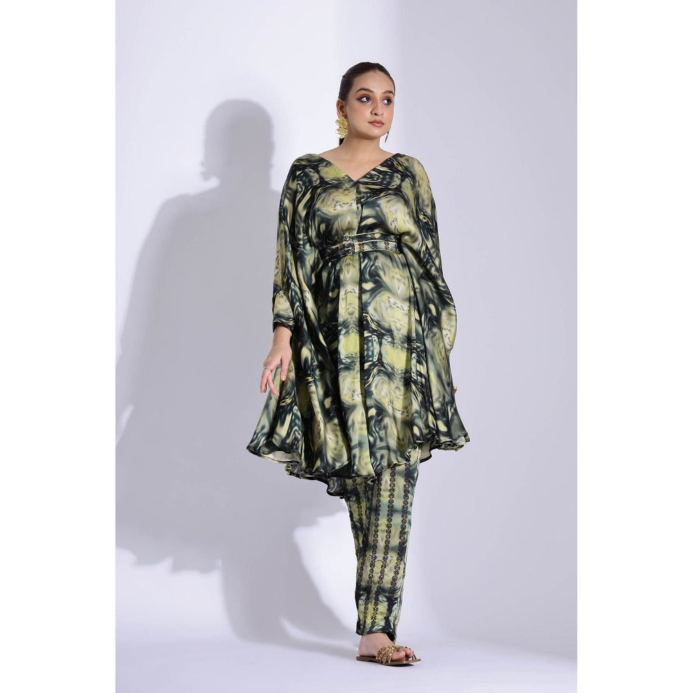 Studio Surbhi Green Georgette Satin Embellished Kaftan with Pant and Belt (Set of 3)