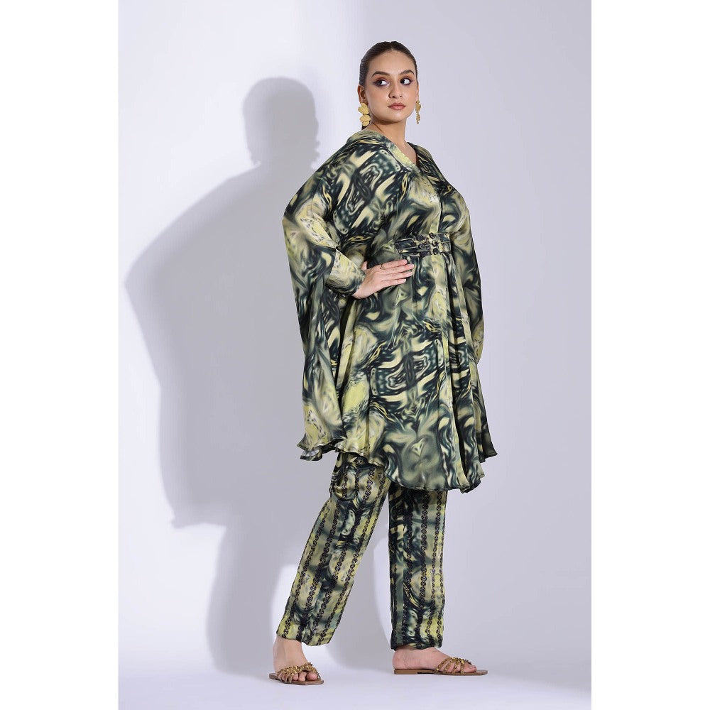 Studio Surbhi Green Georgette Satin Embellished Kaftan with Pant and Belt (Set of 3)