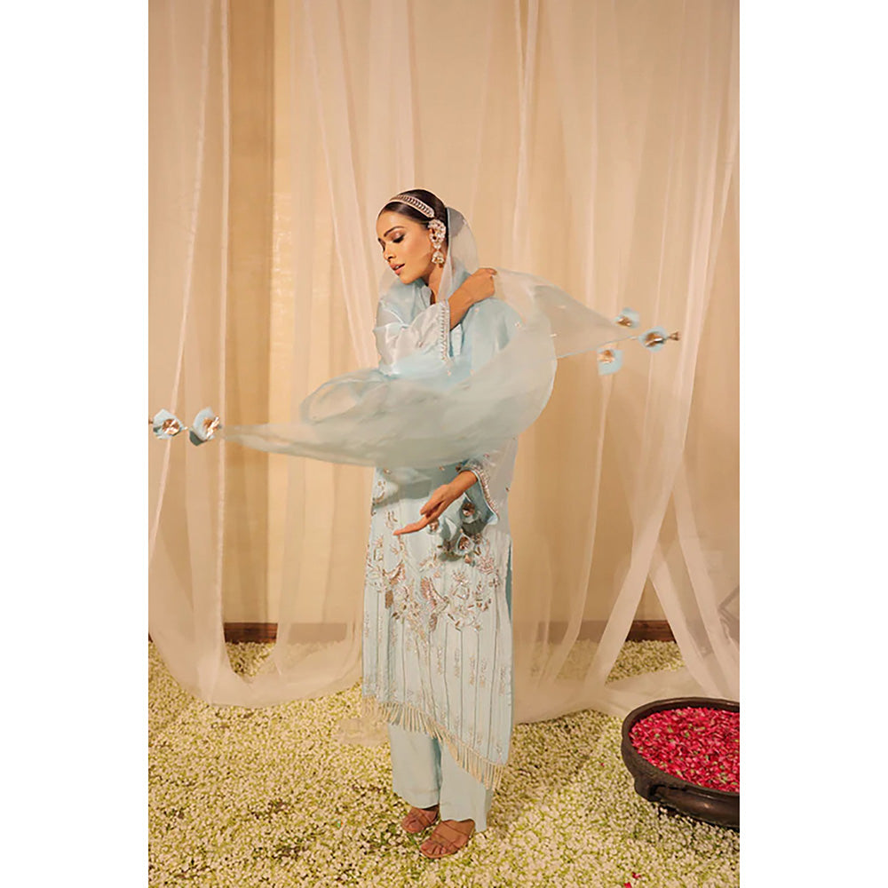 Studio Chiraiya Elegant Aqua Blue Kurta with Palazzo and Dupatta (Set of 3)