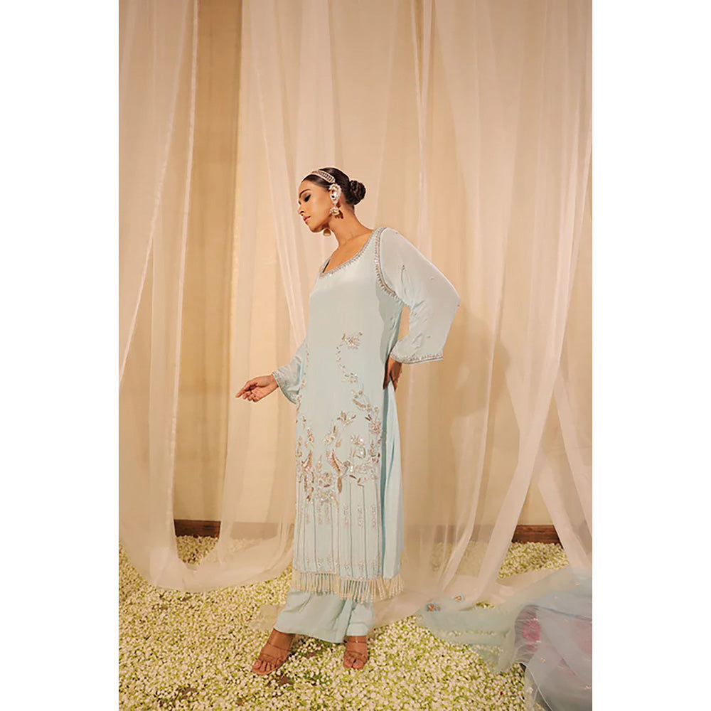 Studio Chiraiya Elegant Aqua Blue Kurta with Palazzo and Dupatta (Set of 3)