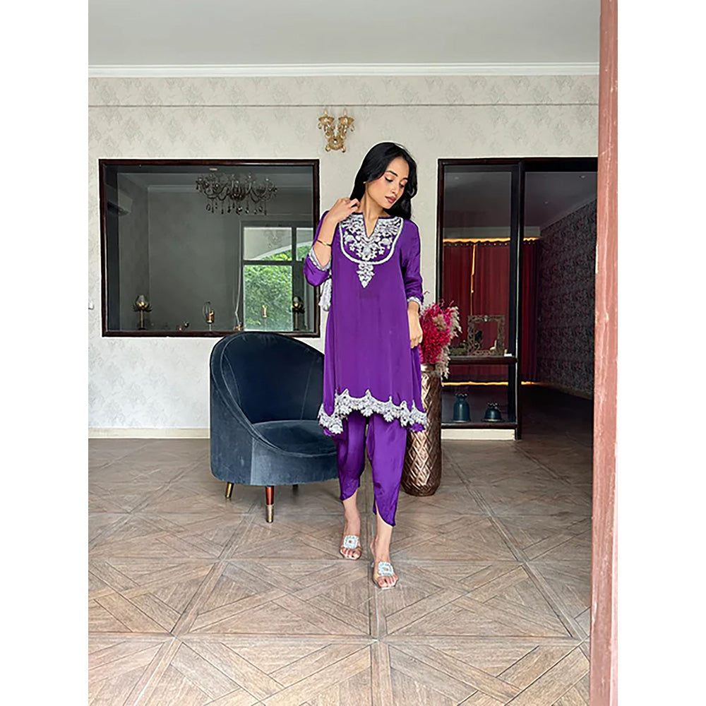 Studio Chiraiya Deep Purple Dabka Hand Work Kurta with Dhoti (Set of 2)