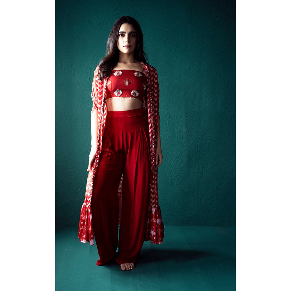 Suave by Neha Arora Surkh Cape With Crop Top And Flared Pant (Set of 3)