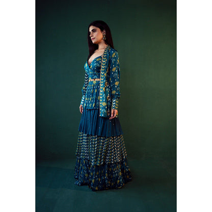 Suave by Neha Arora Blue Aasmani Embellished Jacket With Crop Top And Skirt (Set of 3)