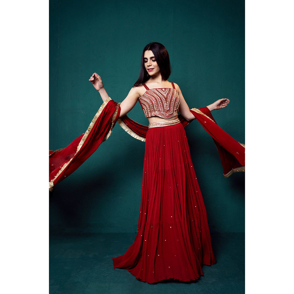 Suave by Neha Arora Red Surkh Lehenga With Embellished Blouse And Dupatta (Set of 3)