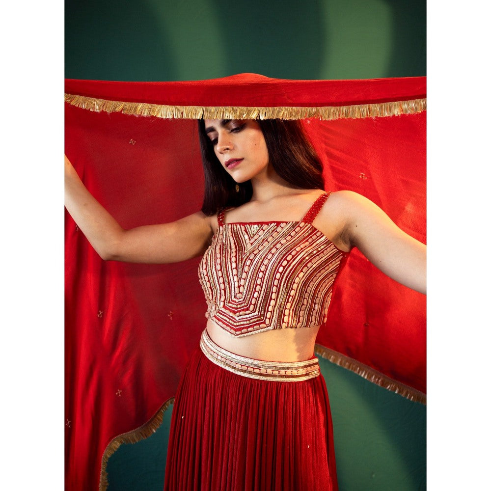 Suave by Neha Arora Red Surkh Lehenga With Embellished Blouse And Dupatta (Set of 3)