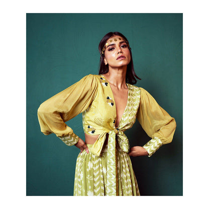 Suave by Neha Arora Green Dhoop Wrap Crop Top With Skirt (Set of 2)