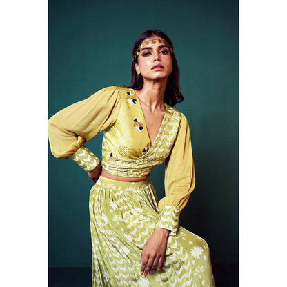 Suave by Neha Arora Green Dhoop Wrap Crop Top With Skirt (Set of 2)