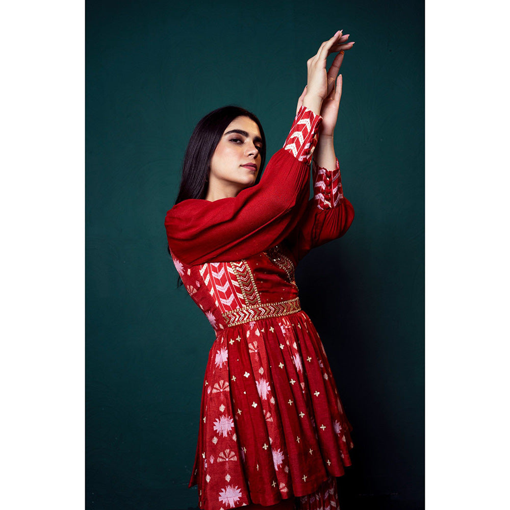 Suave by Neha Arora Red Surkh Peplum Kurta With Sharara (Set of 2)