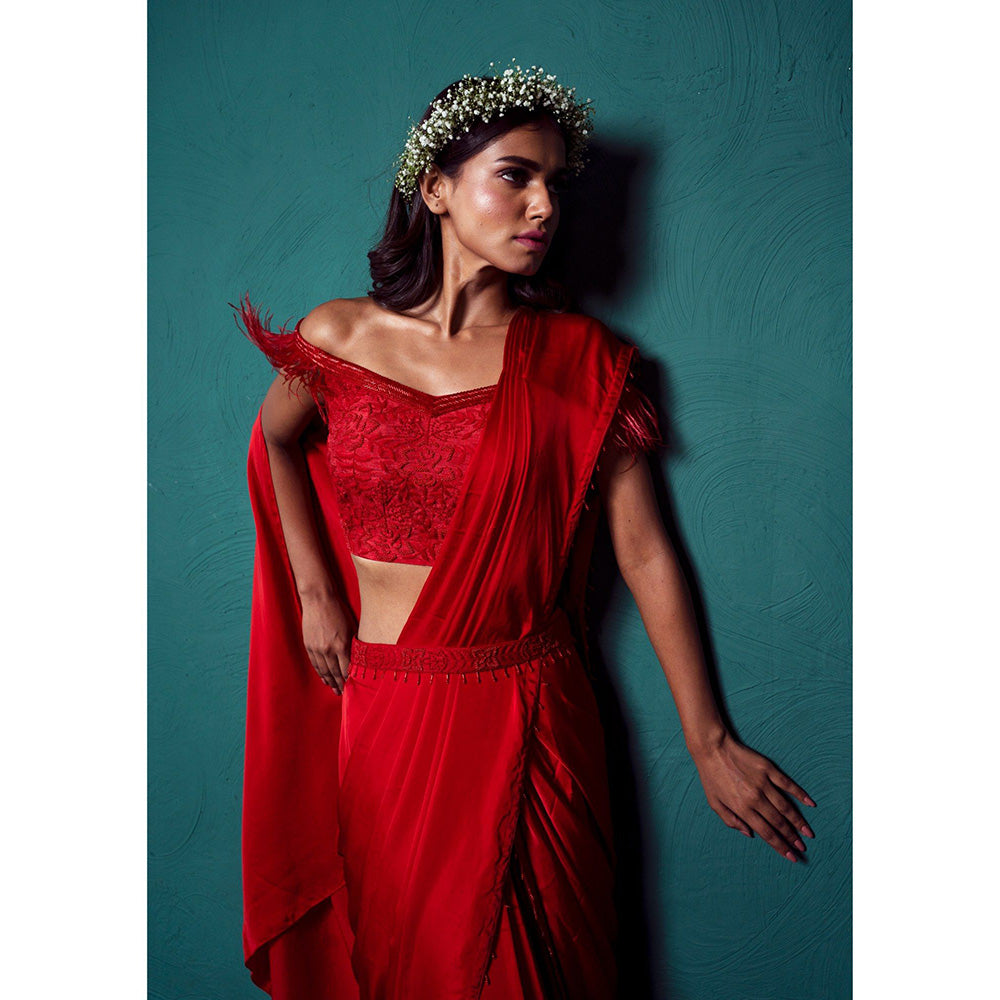 Suave by Neha Arora Red Surkh Pre Draped Saree With Stitched Blouse