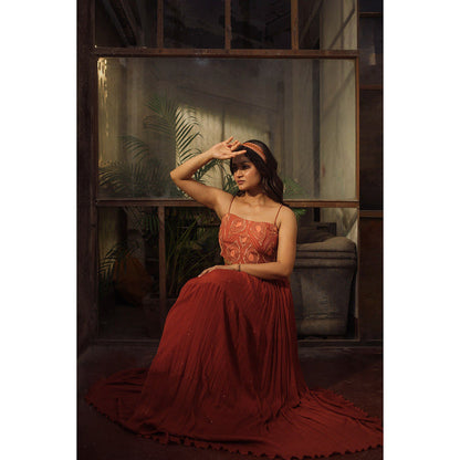 Suave by Neha Arora Rust Savannah Solid Lehenga With Crop Top (Set of 2)