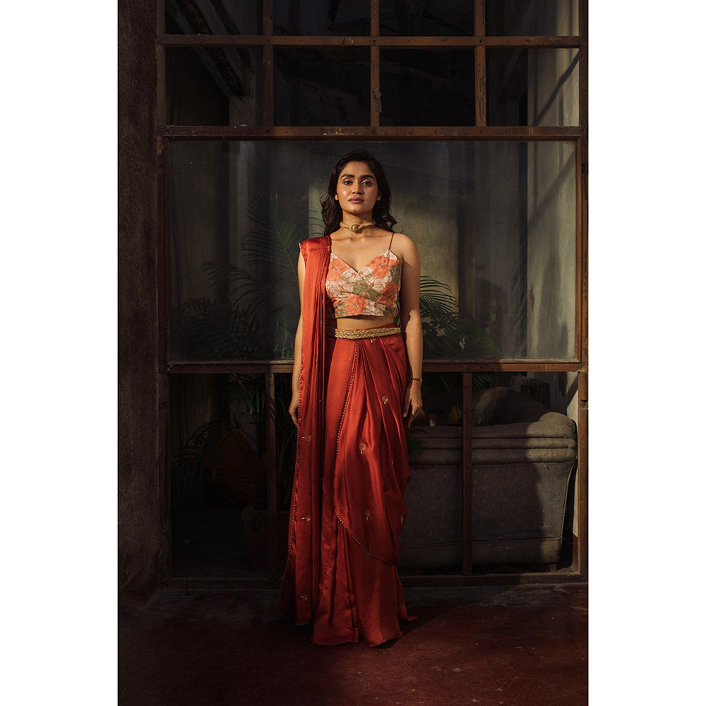 Suave by Neha Arora Rust Savannah Ready To Wear Saree With Stitched Blouse and Belt
