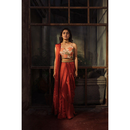 Suave by Neha Arora Rust Savannah Ready To Wear Saree With Stitched Blouse and Belt