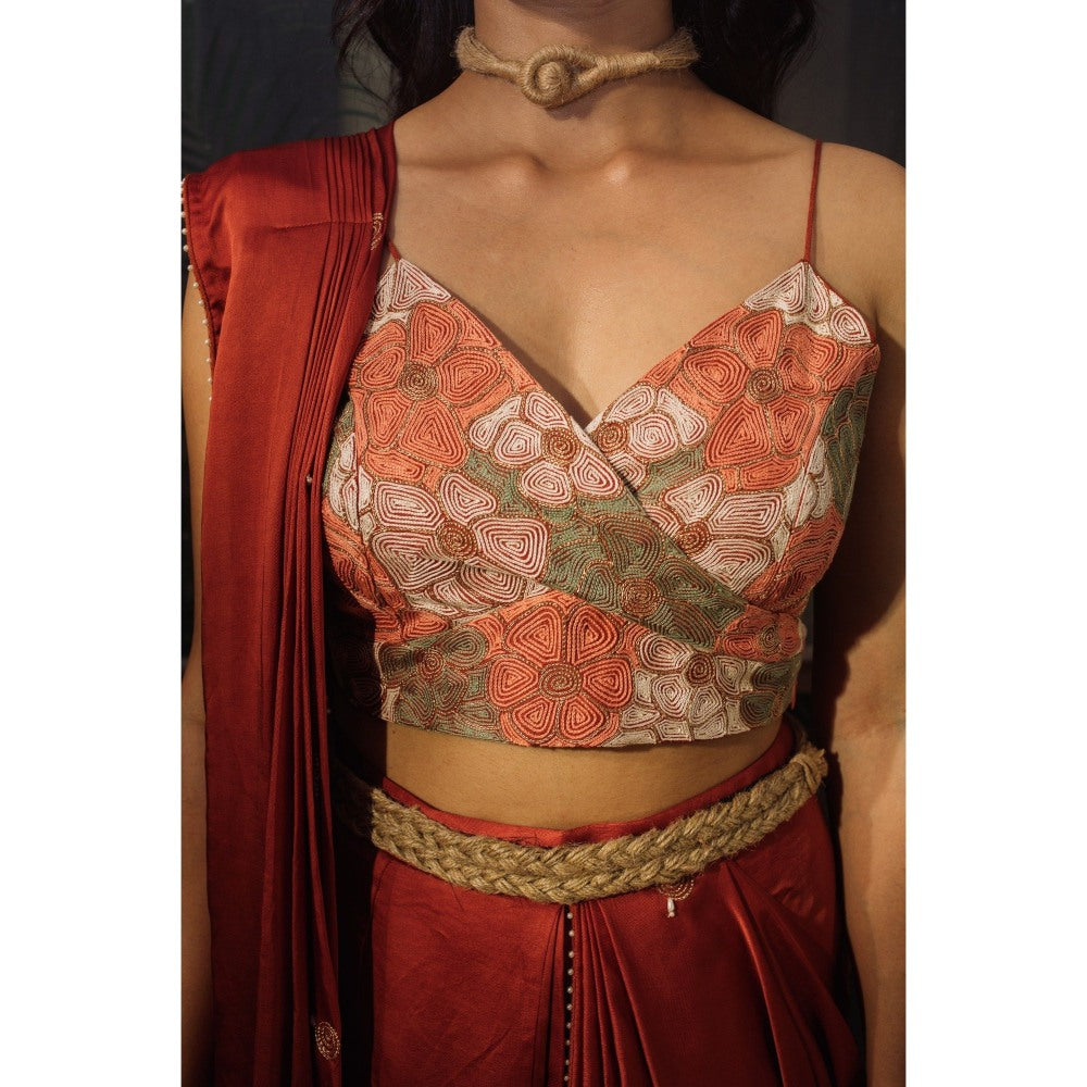 Suave by Neha Arora Rust Savannah Ready To Wear Saree With Stitched Blouse and Belt