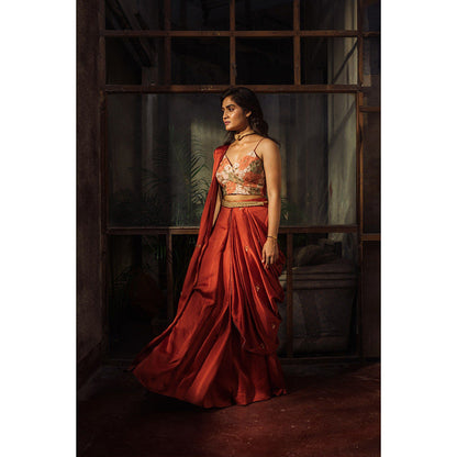 Suave by Neha Arora Rust Savannah Ready To Wear Saree With Stitched Blouse and Belt