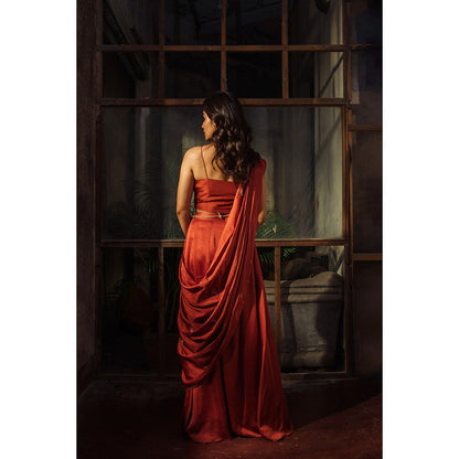 Suave by Neha Arora Rust Savannah Ready To Wear Saree With Stitched Blouse and Belt