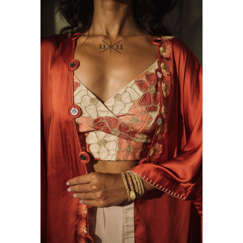 Suave by Neha Arora Rust Savannah Kaftan With Crop Top And Pant (Set of 3)