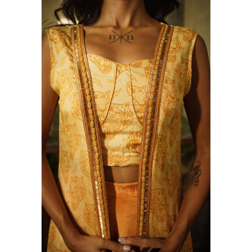 Suave by Neha Arora Yellow Lynx Crop Top With Jacket And Palazzo (Set of 3)