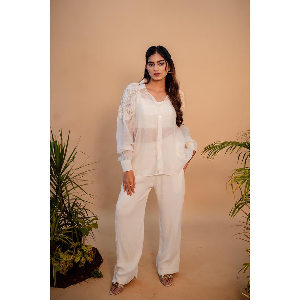 SUBTLE White Embellished Shirt with Bustier & Pant