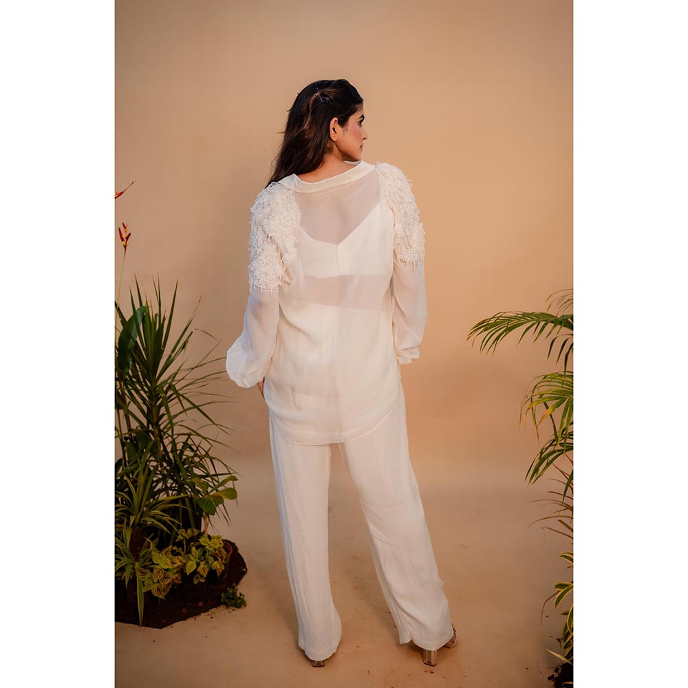 SUBTLE White Embellished Shirt with Bustier & Pant