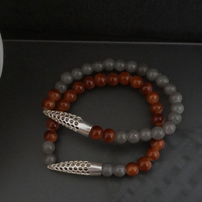Suhani Pittie Silver Plated Mesh Motif With Brown & Grey Glass Beads Distance Bracelet (Set Of 2)
