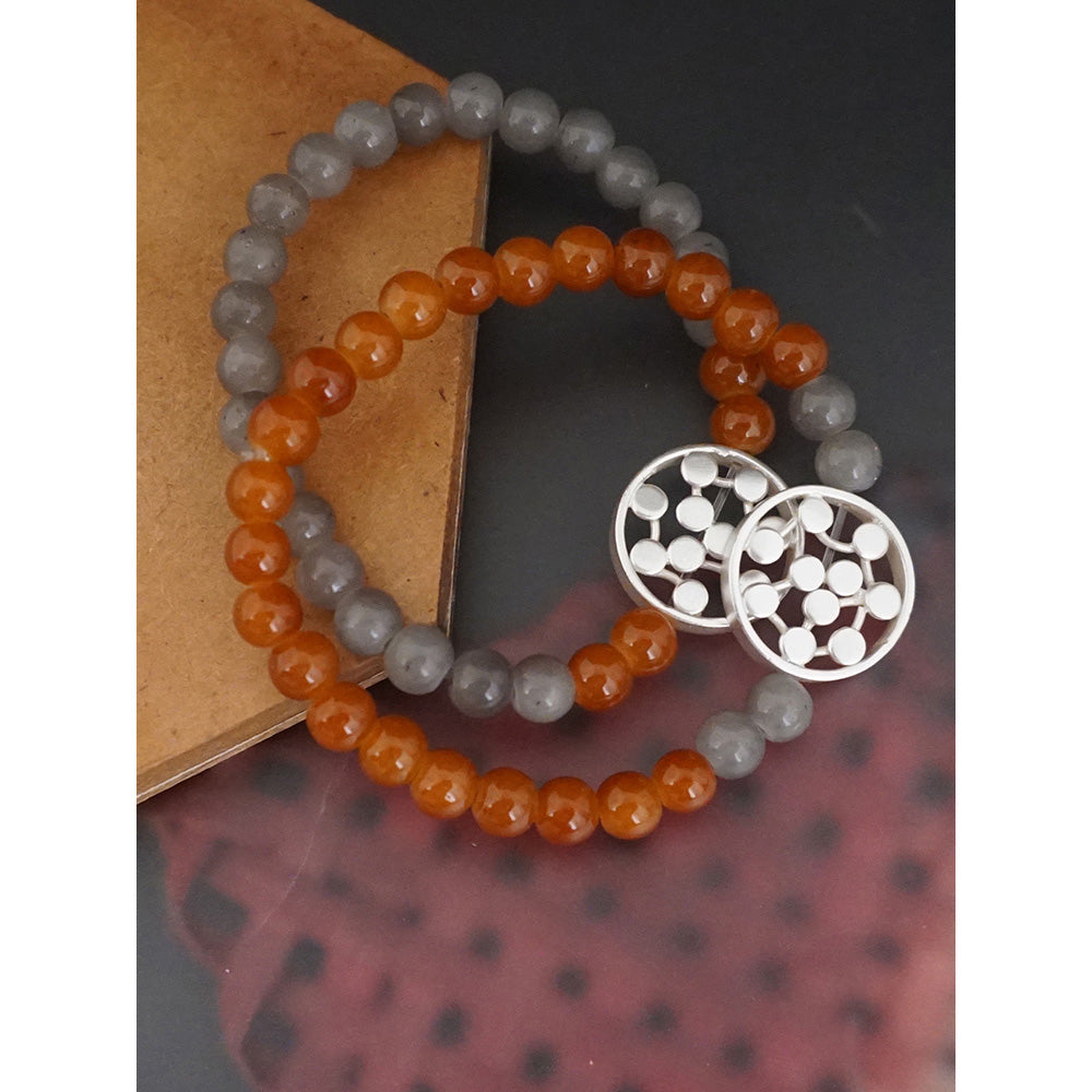 Suhani Pittie Silver Plated Gemonetric Motif With Rust & Grey Beads Distance Bracelet (Set Of 2)