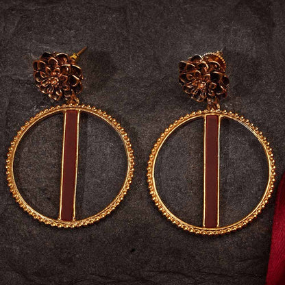 Suhani Pittie Gold Plated Marigold And Round Earring With Orange Acrylic Strip On Center