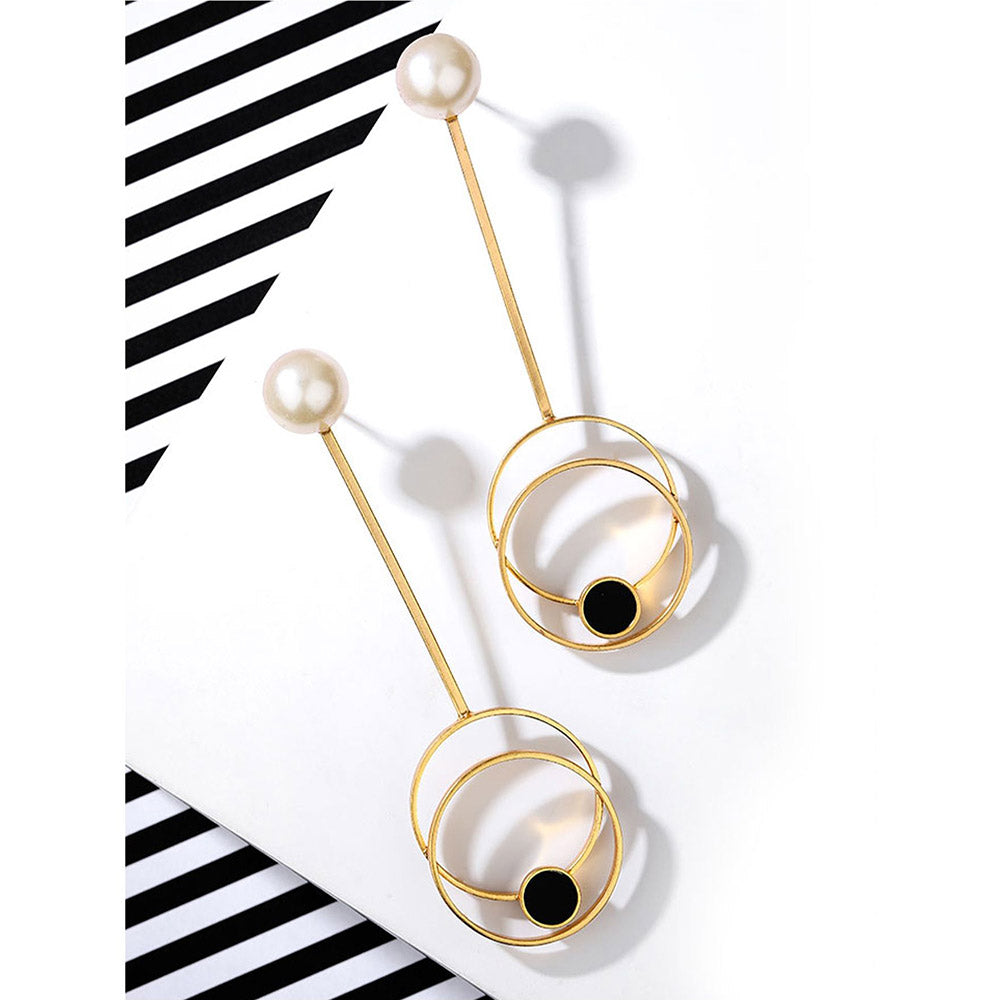 Suhani Pittie Gold Toned Circle On Circle Pendulum Earrings with Black Perspex & Pearl Detail