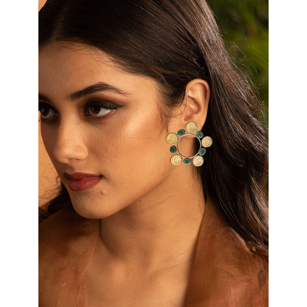 Suhani Pittie Gold coin hoop Drop earrings with green crystals