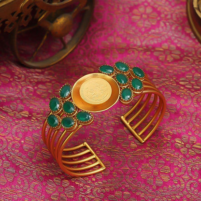 Suhani Pittie Gold coin centre hand cuff with green crystals