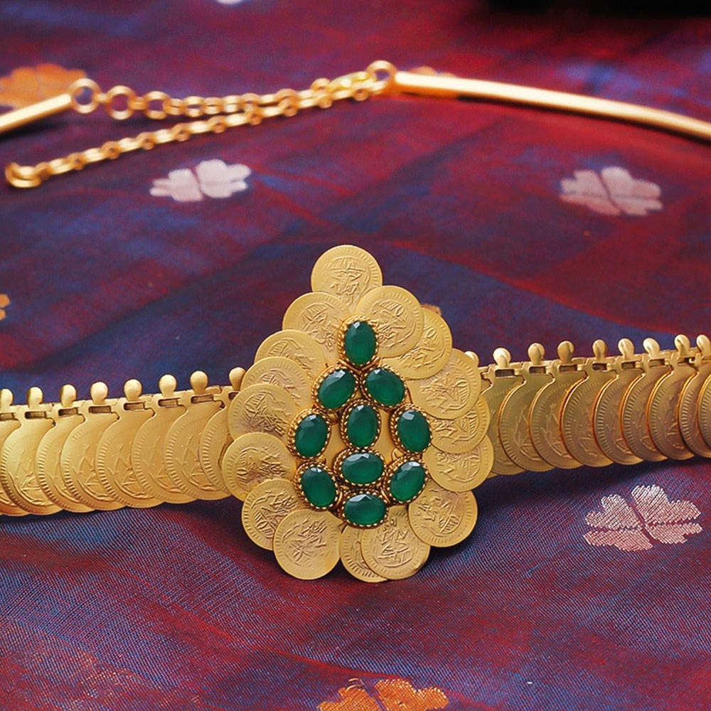 Suhani Pittie Gold coin layered belt with emerald green crystals Choker Necklace