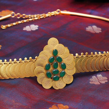 Suhani Pittie Gold coin layered belt with emerald green crystals Choker Necklace