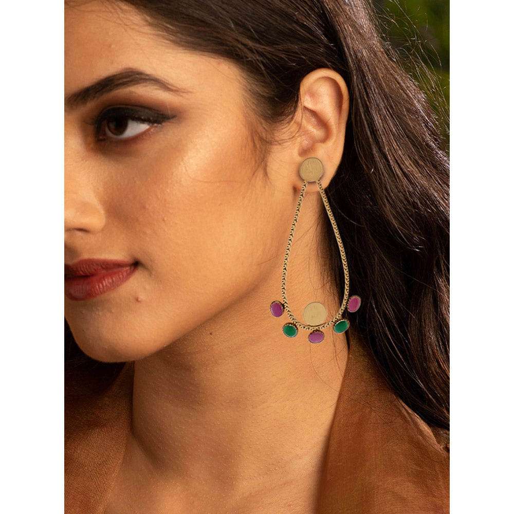 Suhani Pittie Gold teardrop with crystals Green and Red hoop Drop earrings