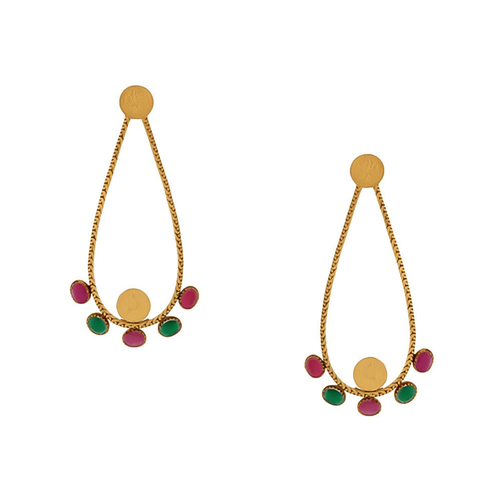 Suhani Pittie Gold teardrop with crystals Green and Red hoop Drop earrings