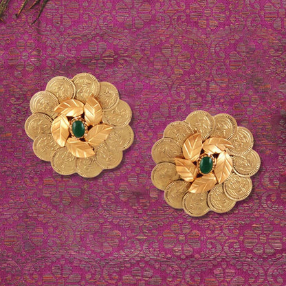 Suhani Pittie Gold Kasu Foliage earrings with green crystals