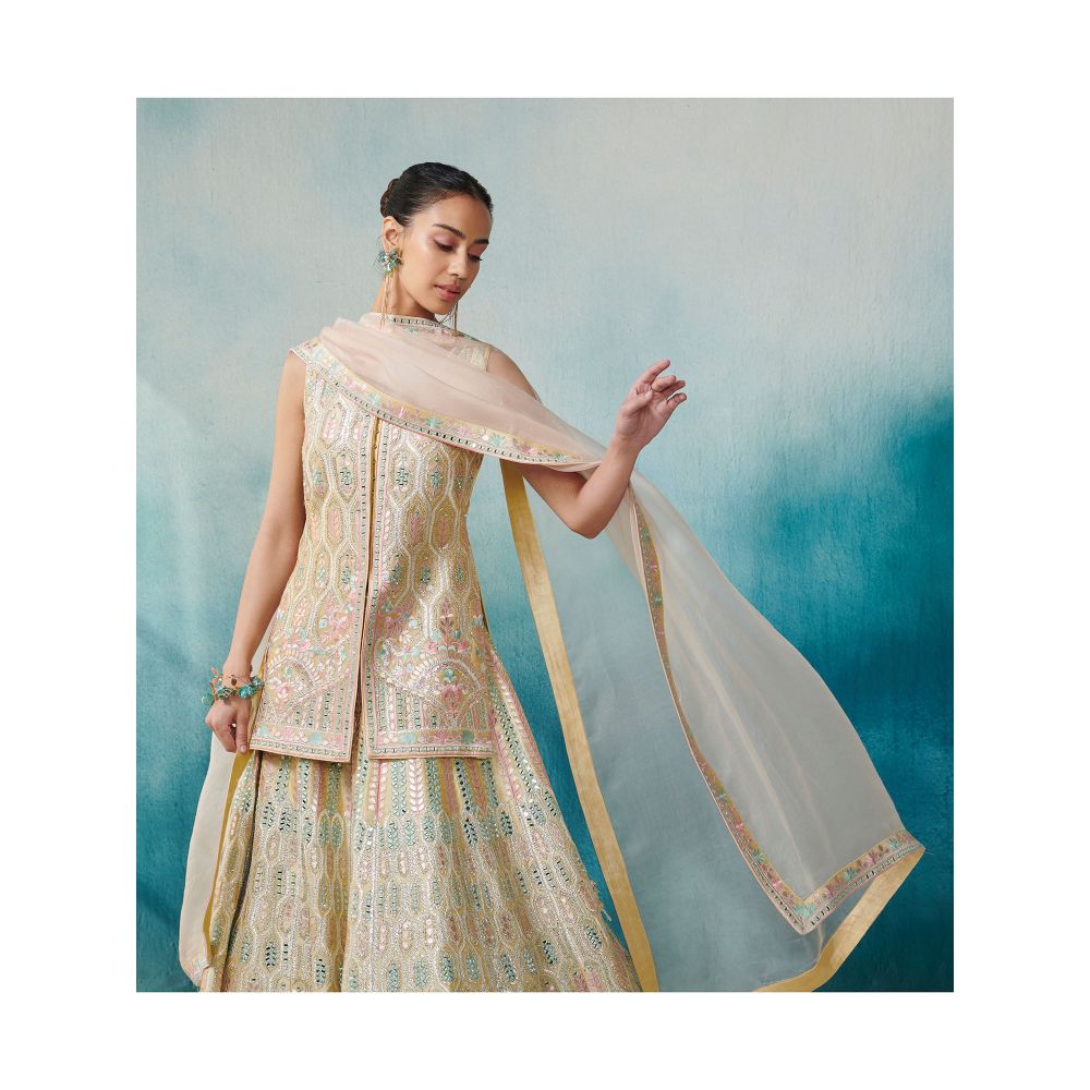 SUHINO Lemon Yellow Slub Silk Lehenga Jacket Inner & Dupatta (Set of 4)
