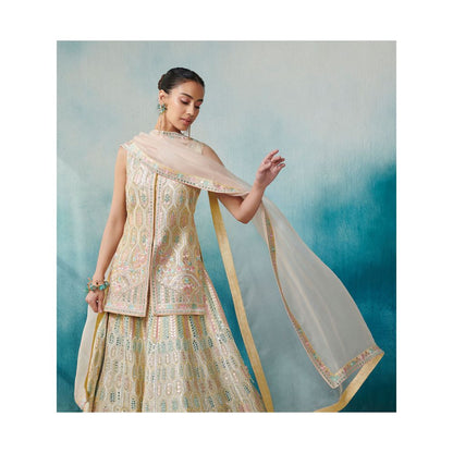 SUHINO Lemon Yellow Slub Silk Lehenga Jacket Inner & Dupatta (Set of 4)