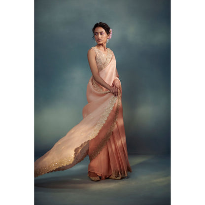 SUHINO Peach Organza Saree with Blouse & Petticoat with Stitched Blouse