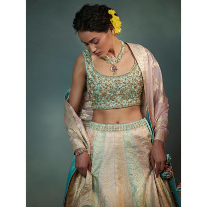 SUHINO Aqua Tricoloured Lehenga Blouse & Dupatta (Set of 3)