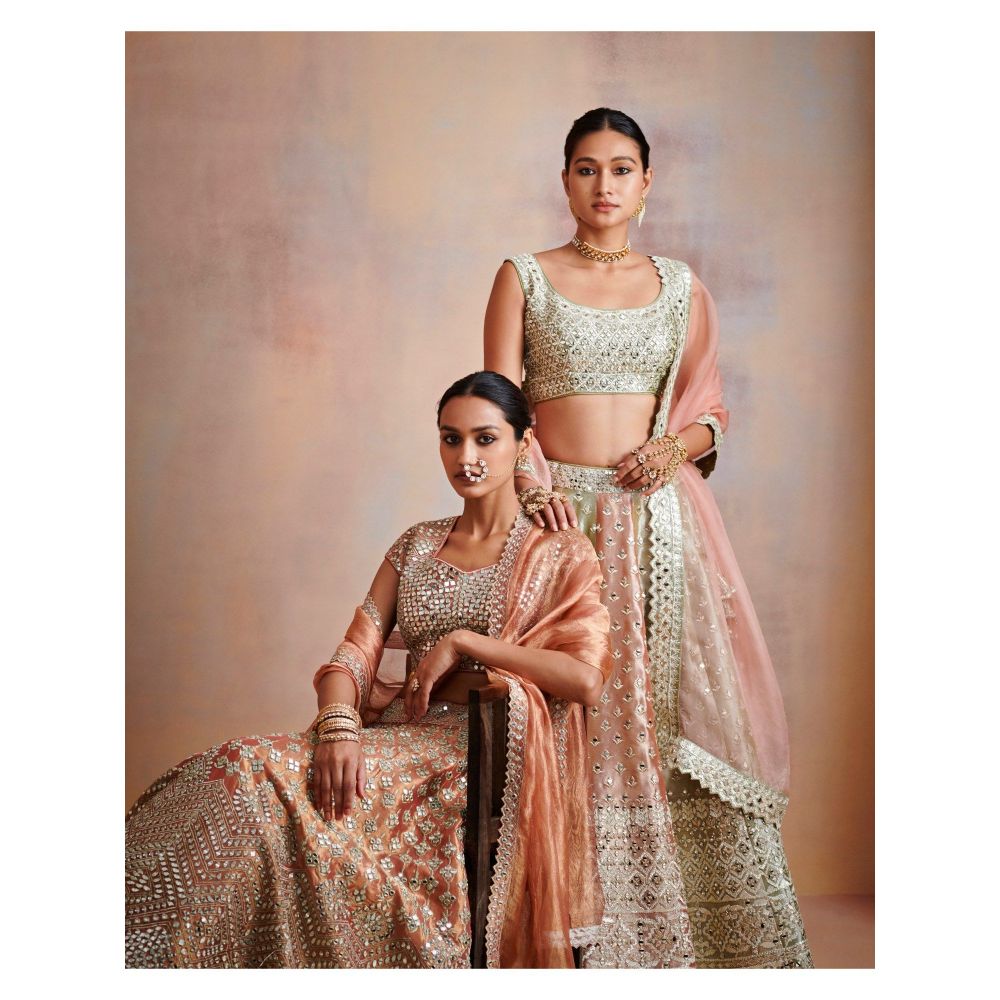 SUHINO Tri Coloured Tissue Lehenga with Blouse & Dupatta (Set of 3)