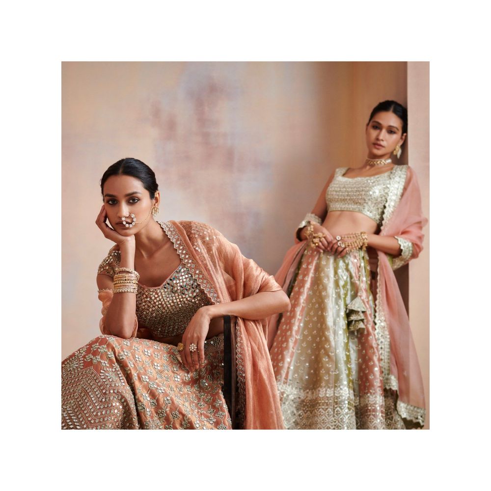 SUHINO Tri Coloured Tissue Lehenga with Blouse & Dupatta (Set of 3)