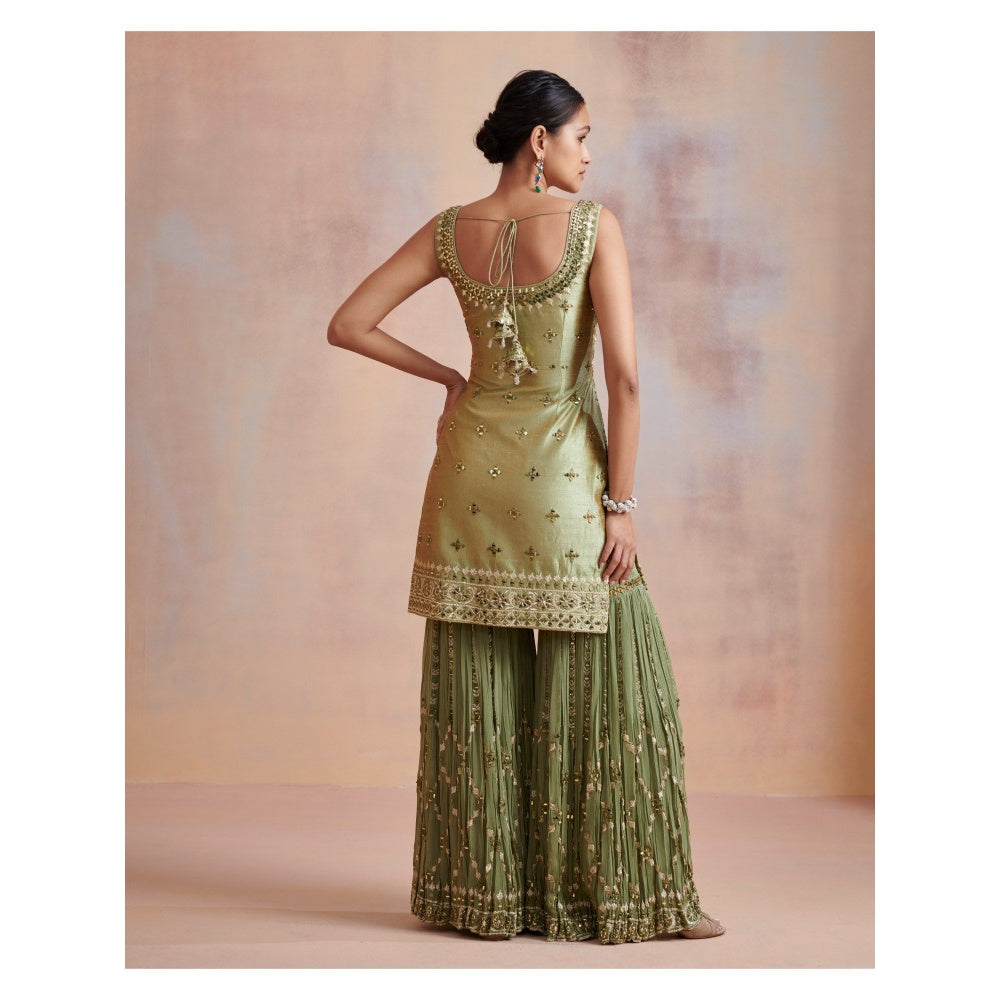 SUHINO Sage Green Slub Silk Kurta with Sharara & Dupatta (Set of 3)