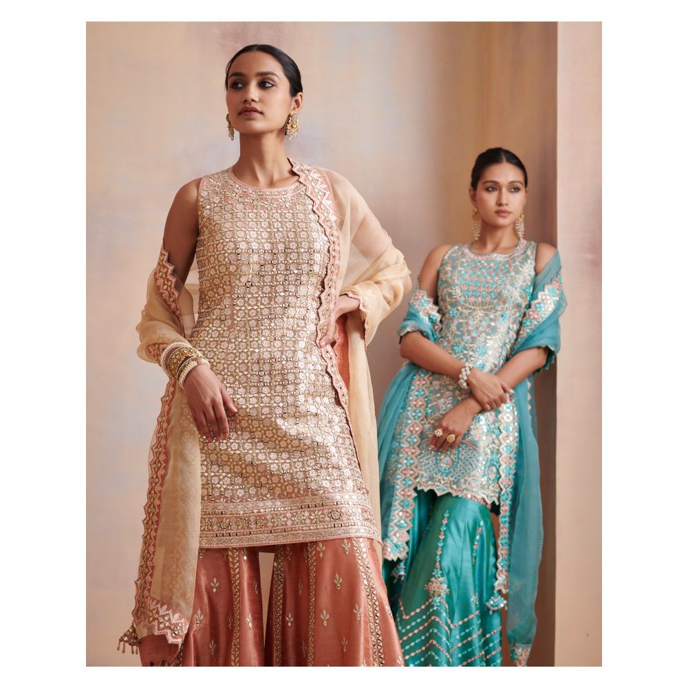 SUHINO Melon Peach Tissue Kurta with Sharara & Dupatta (Set of 3)