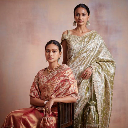 SUHINO Moss Green Tissue Saree with Stitched Blouse & Petticoat
